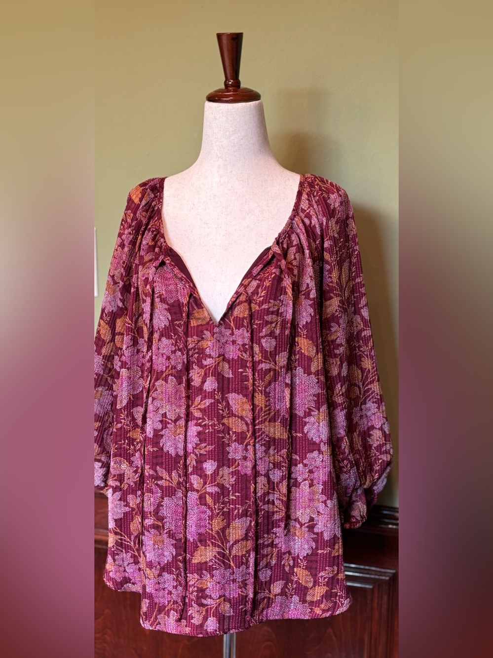 LOFT Burgundy Floral Peasant Blouse